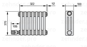Схема (чертеж) Радиатор Zehnder Charleston 3037/7 №V003 Белый глянцевый RAL 9016